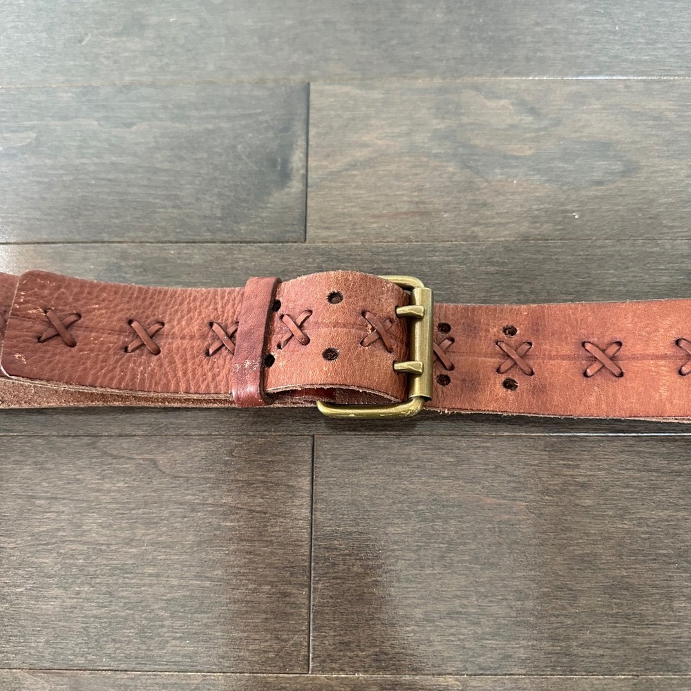 Eddie Bauer Leather Woven Stitch Belt Double Prong Western Festival Brown XL - Picture 2 of 5